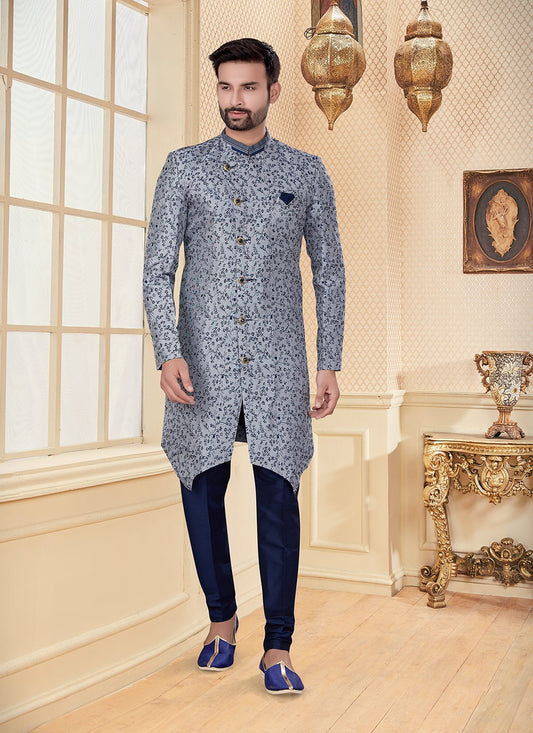 Embroidered Jacquard Grey Indo Western - M2952