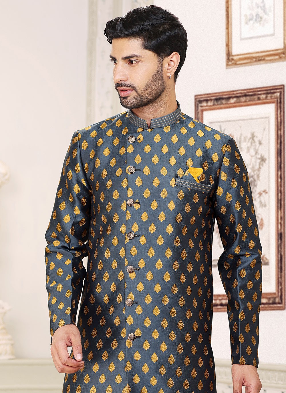 Fancy Work Banarasi Jacquard Grey Indo Western - M5212