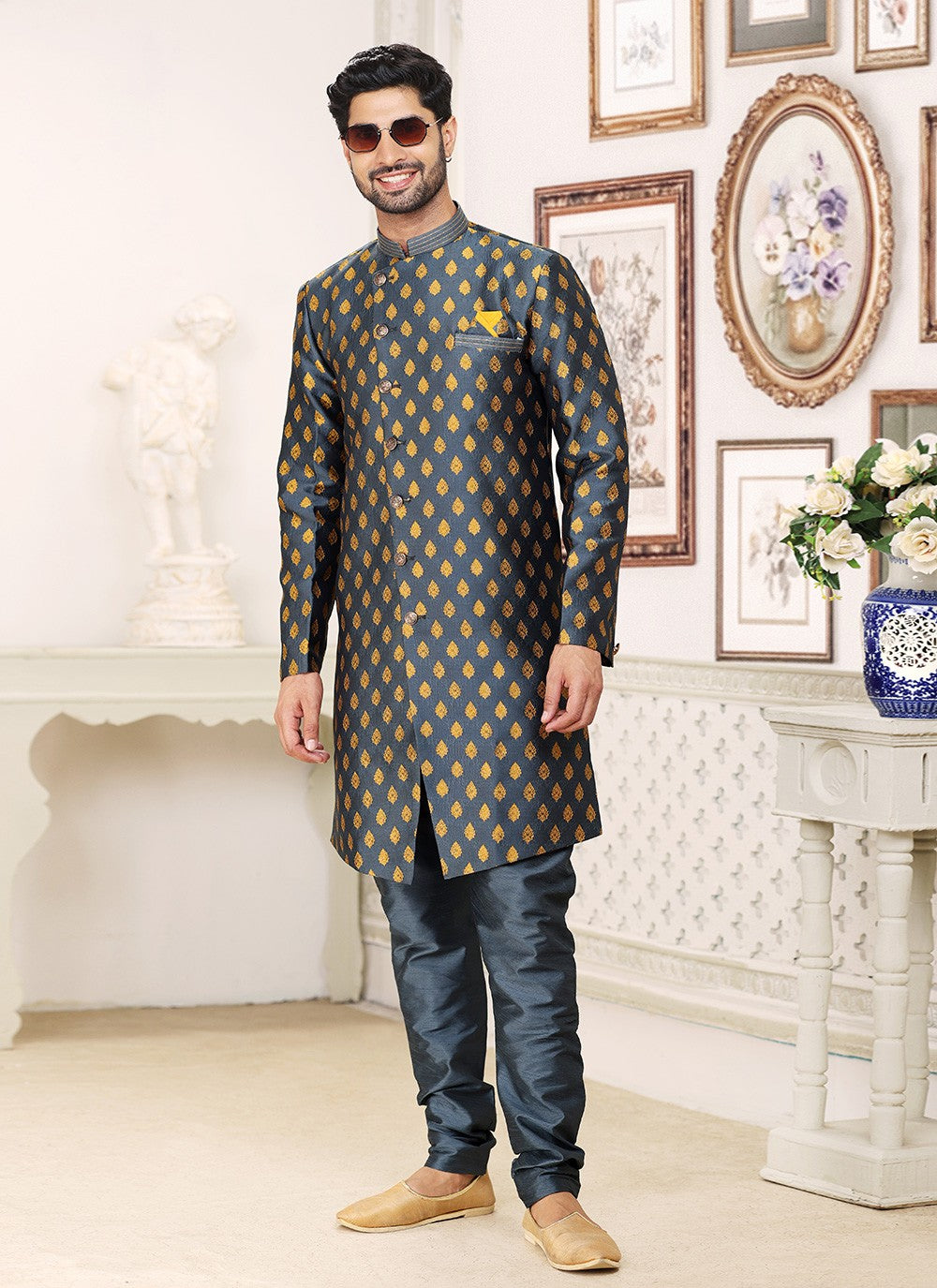 Fancy Work Banarasi Jacquard Grey Indo Western - M5212