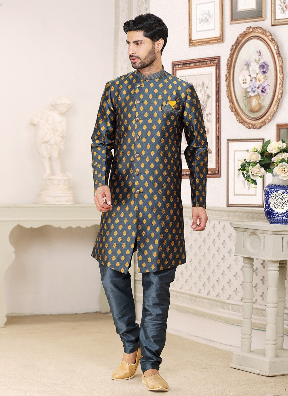 Fancy Work Banarasi Jacquard Grey Indo Western - M5212