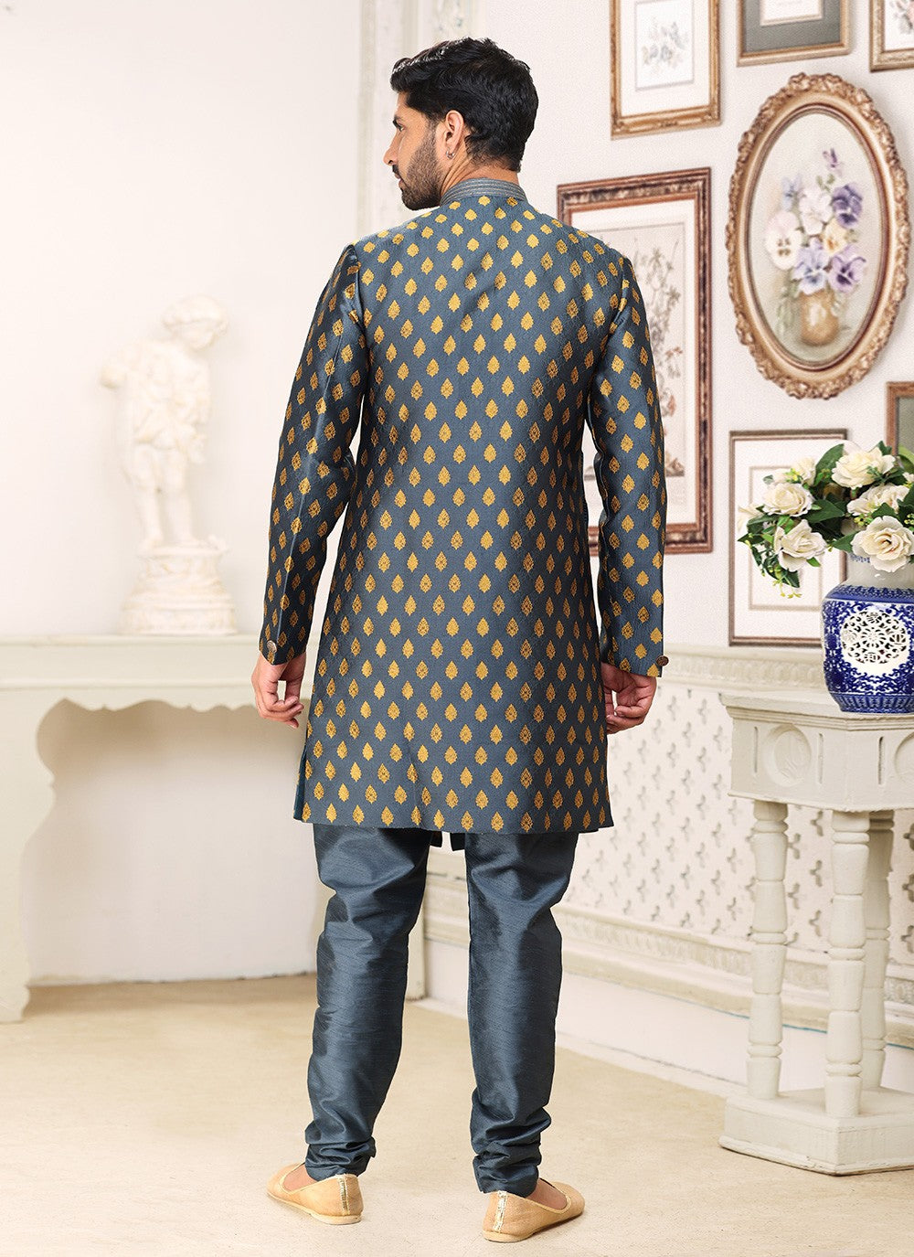 Fancy Work Banarasi Jacquard Grey Indo Western - M5212