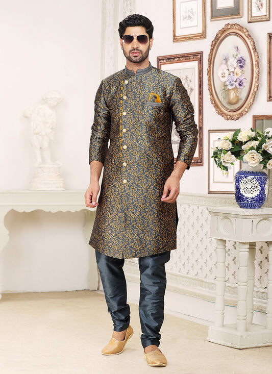 Fancy Work Banarasi Jacquard Grey Indo Western - M5253