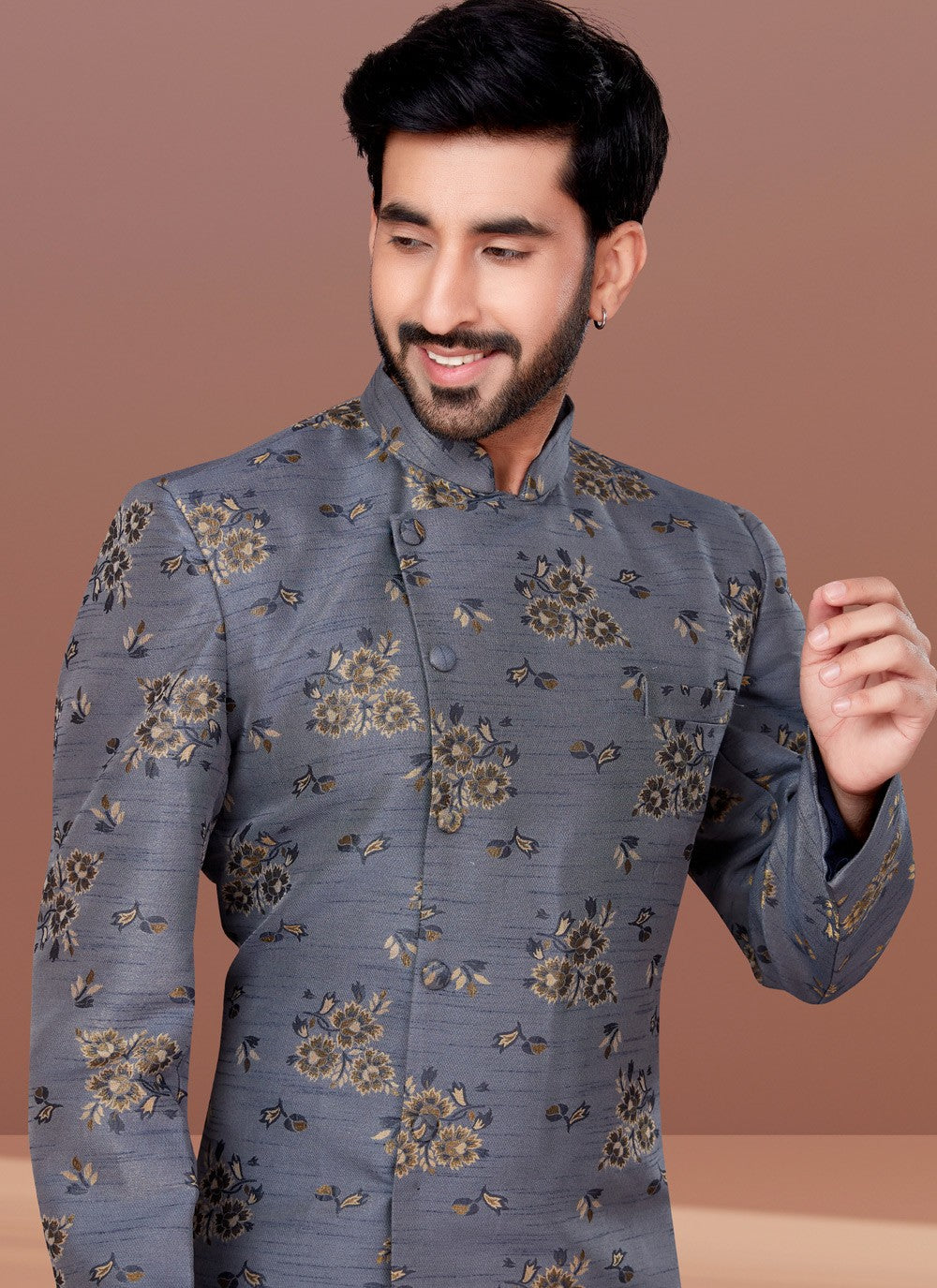 Fancy Work Jacquard Grey Indo Western - M4635