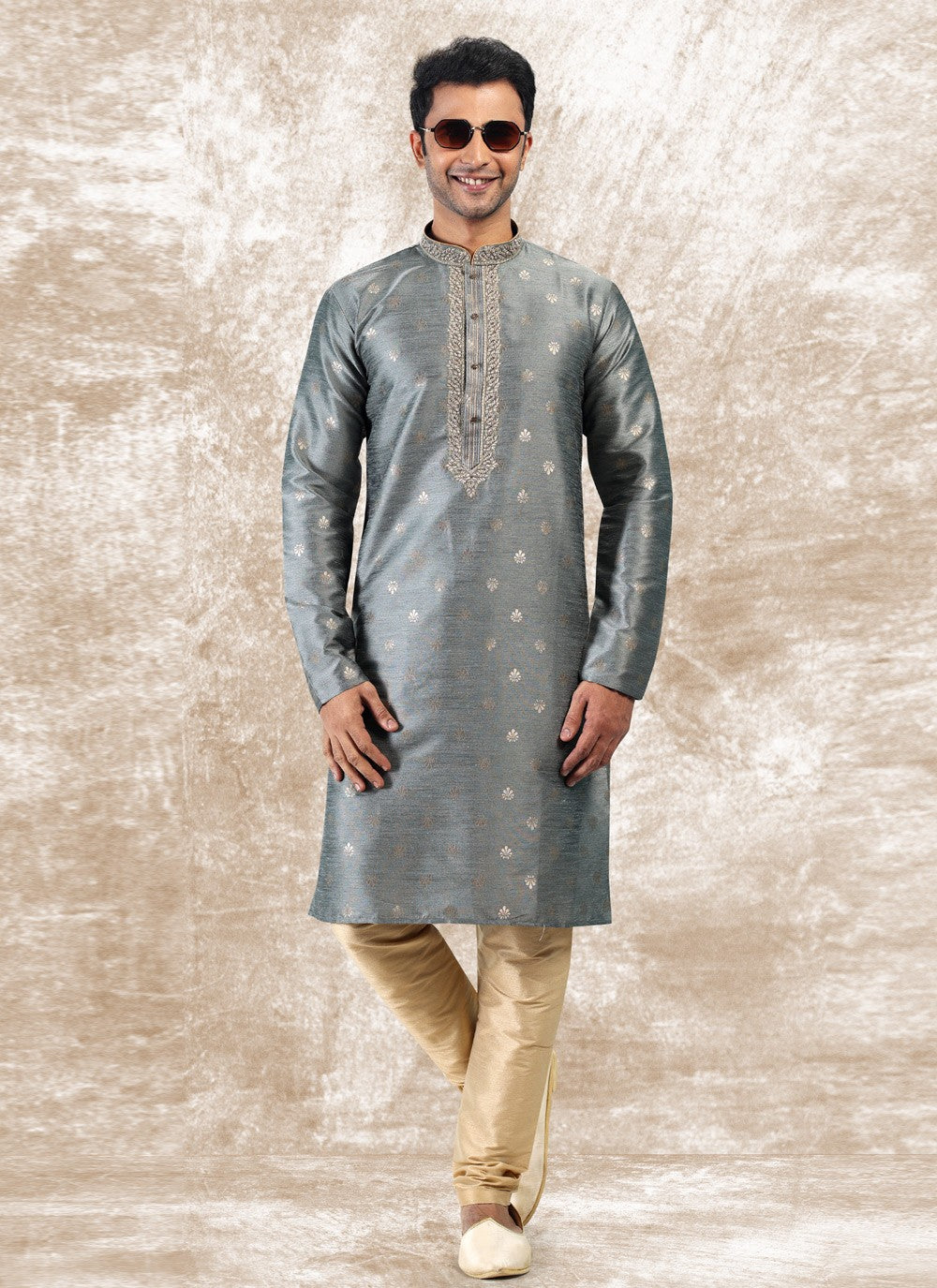 Fancy Work Brocade, Jacquard Silk Grey Kurta Pyjama - M4850