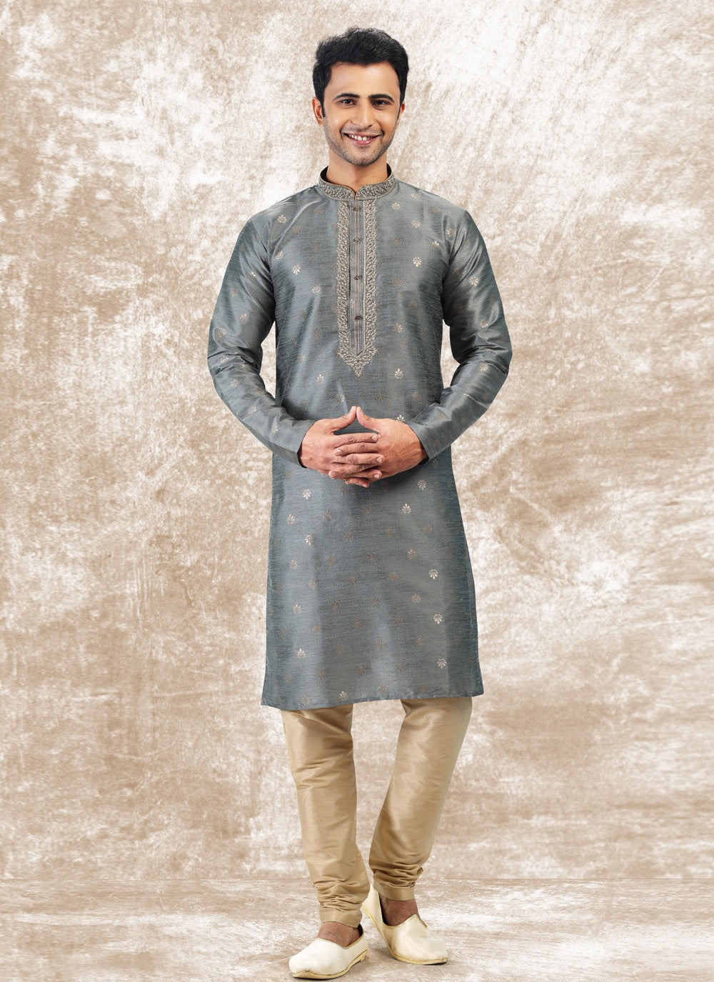 Fancy Work Brocade, Jacquard Silk Grey Kurta Pyjama - M4850