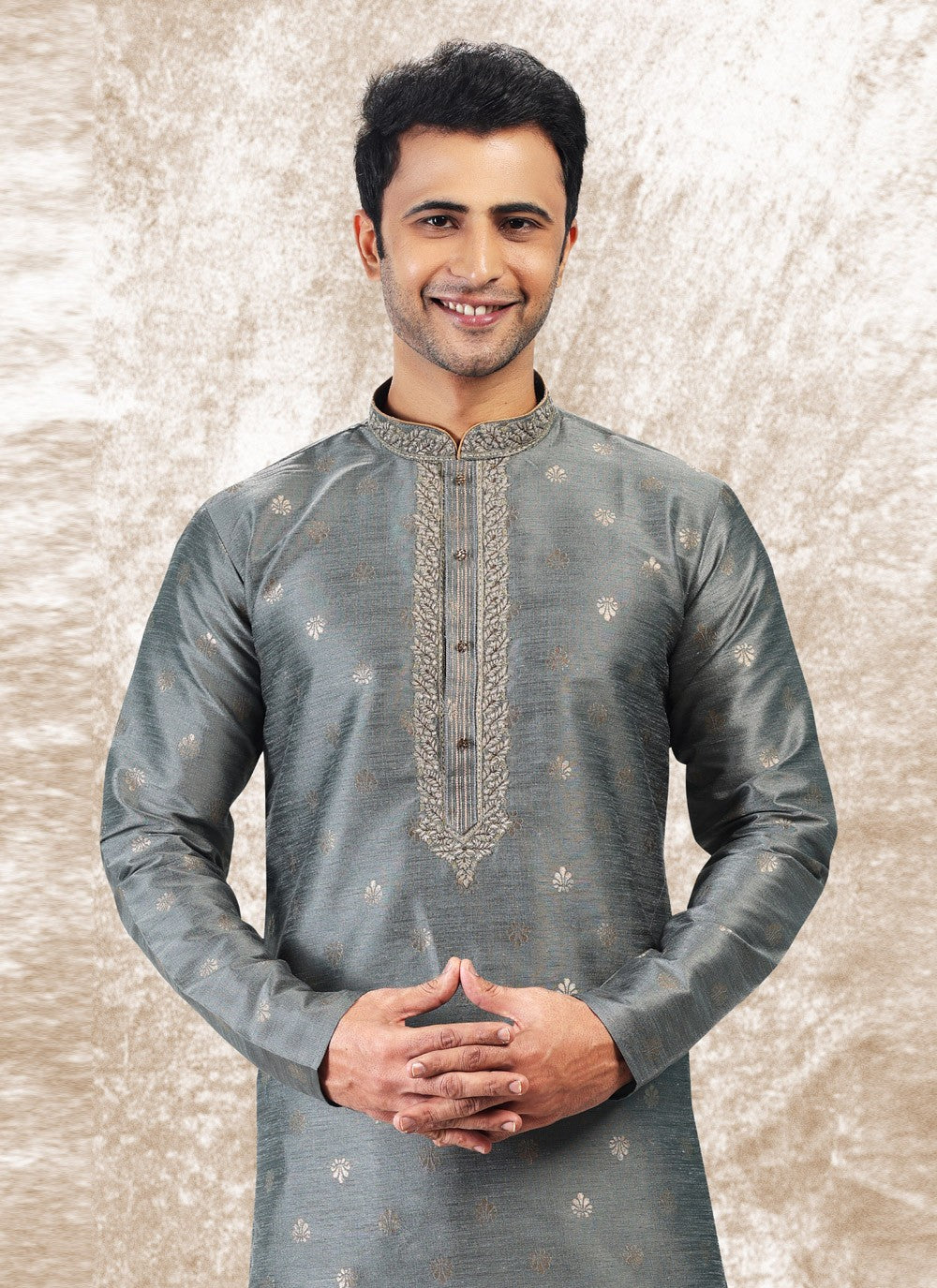 Fancy Work Brocade, Jacquard Silk Grey Kurta Pyjama - M4850