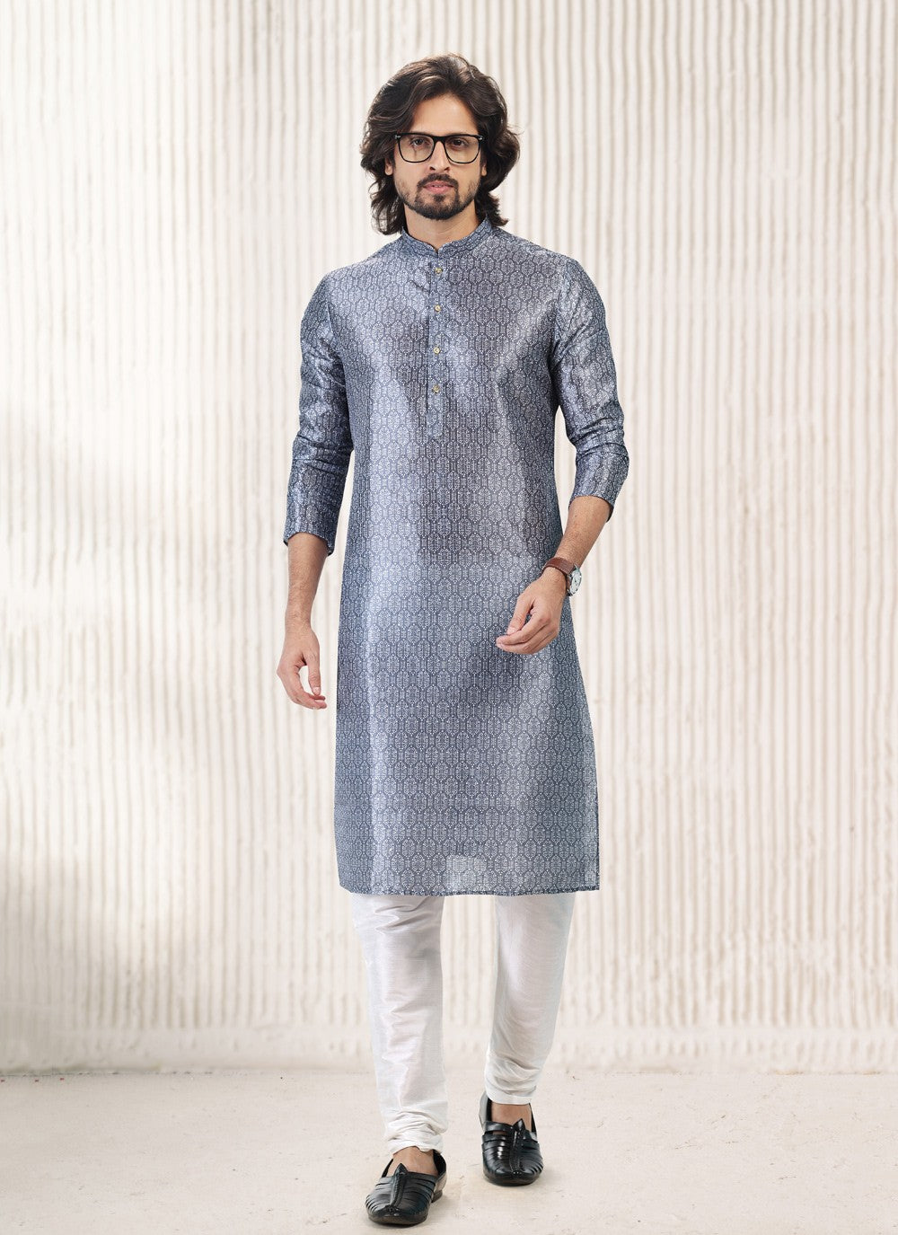 Fancy Work Banarasi Jacquard Grey Kurta Pyjama - M5184