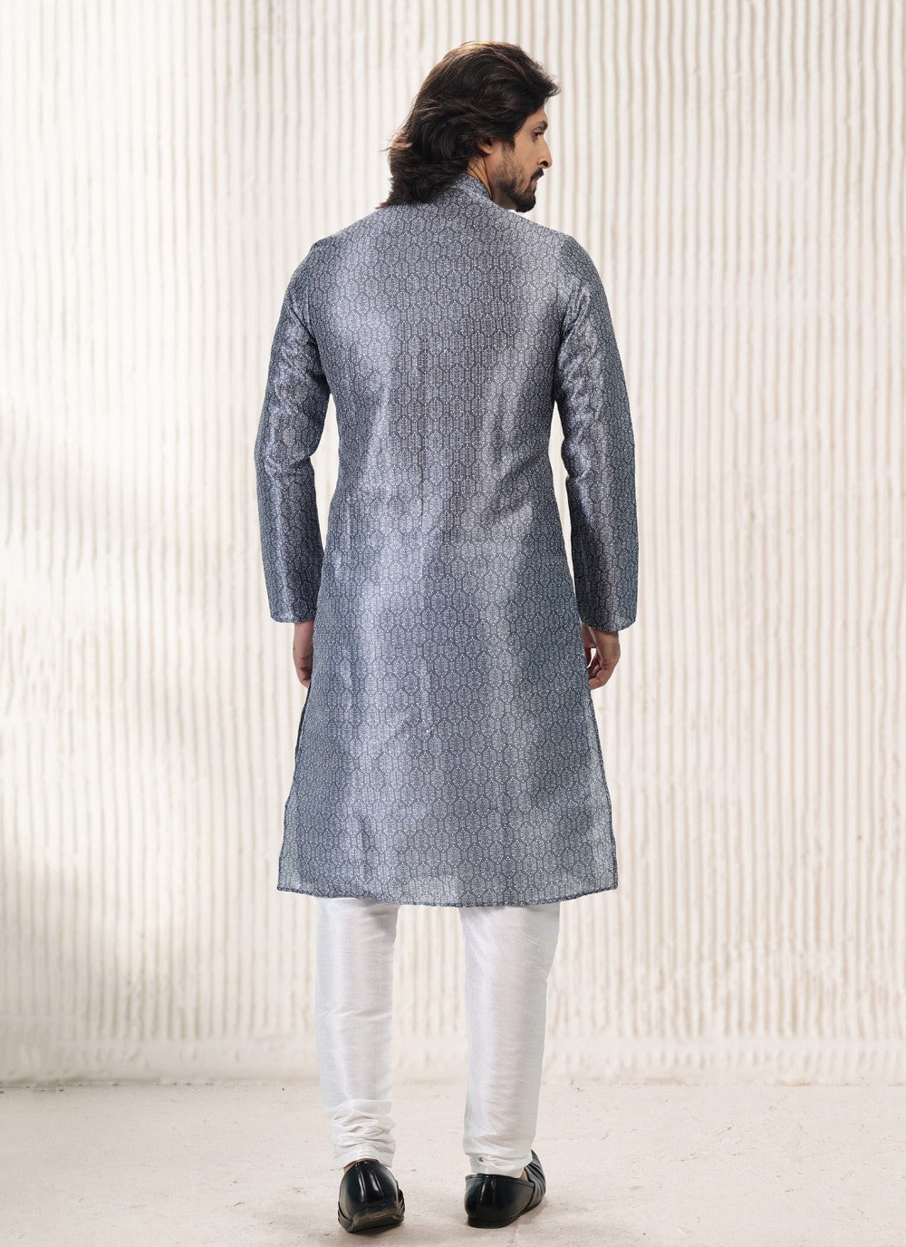 Fancy Work Banarasi Jacquard Grey Kurta Pyjama - M5184