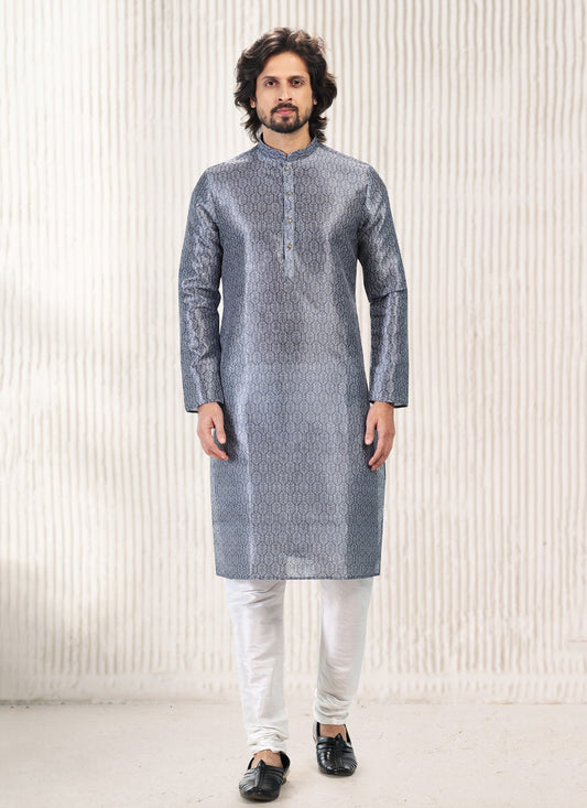 Fancy Work Banarasi Jacquard Grey Kurta Pyjama - M5184