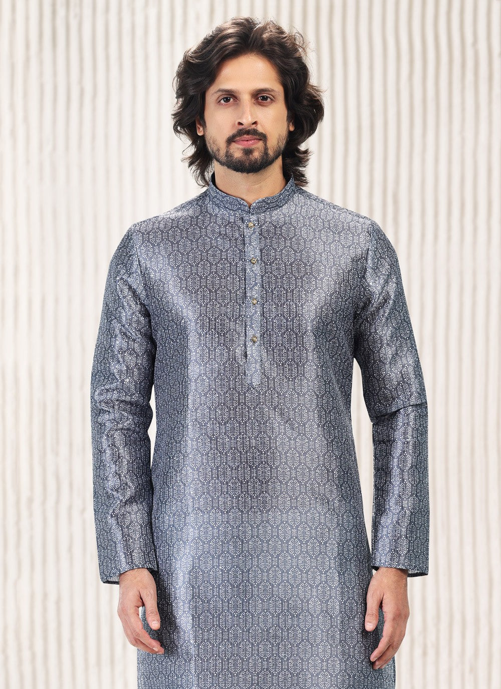 Fancy Work Banarasi Jacquard Grey Kurta Pyjama - M5184