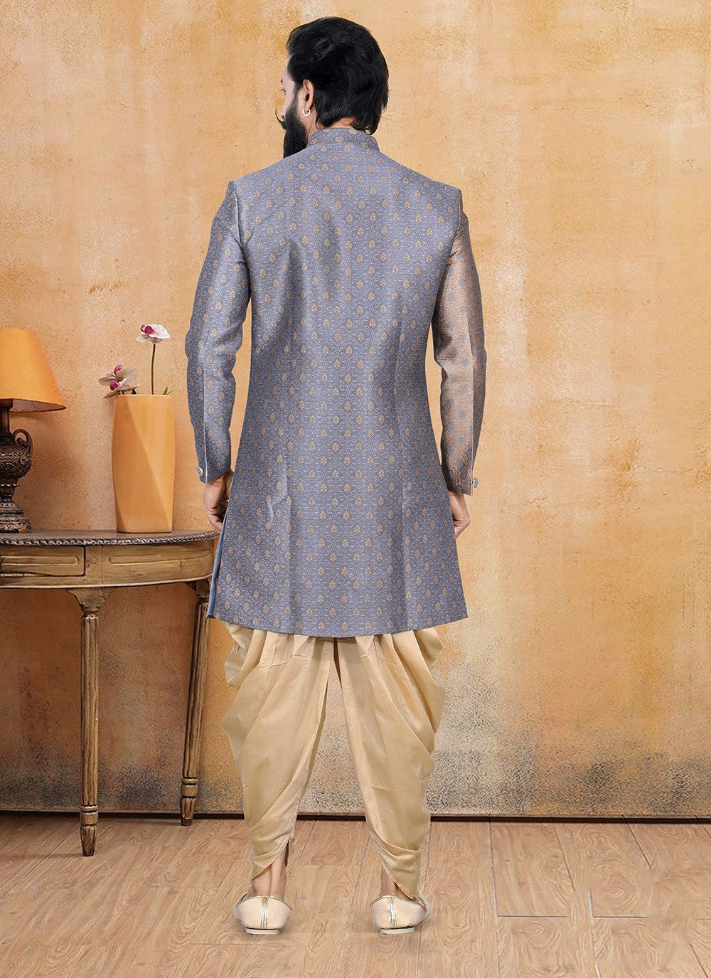 Fancy Work Jacquard Grey Dhoti Kurta - M3362