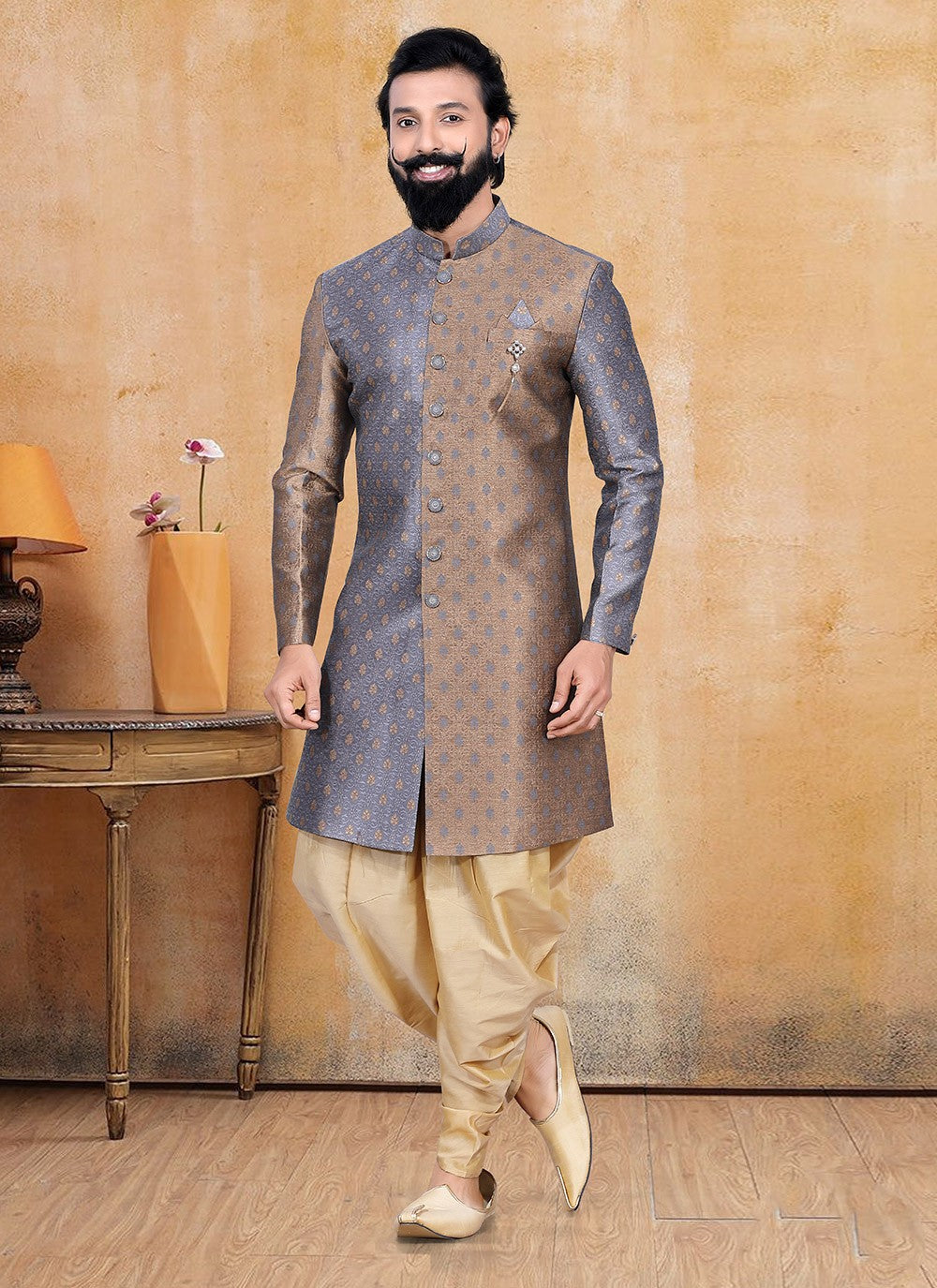 Fancy Work Jacquard Grey Dhoti Kurta - M3362