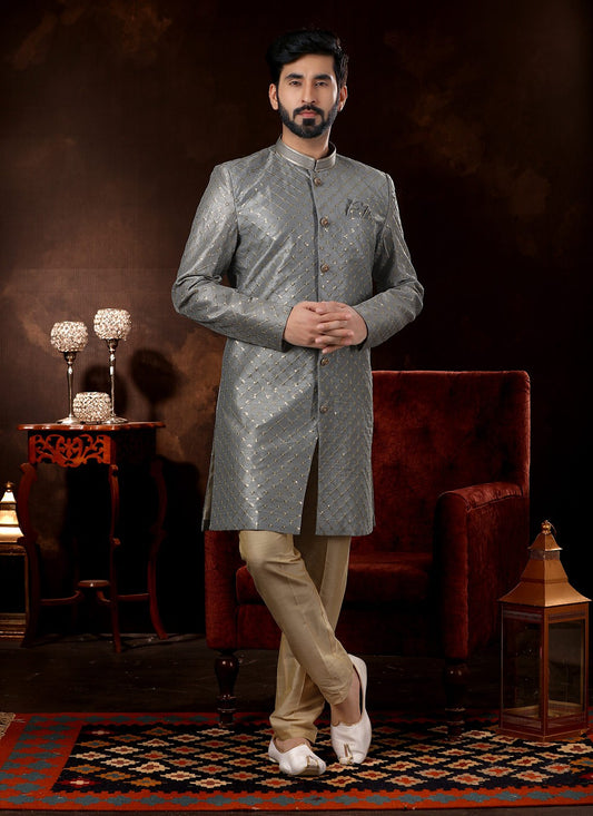 Embroidered Fancy Fabric Grey Sherwani - M3071