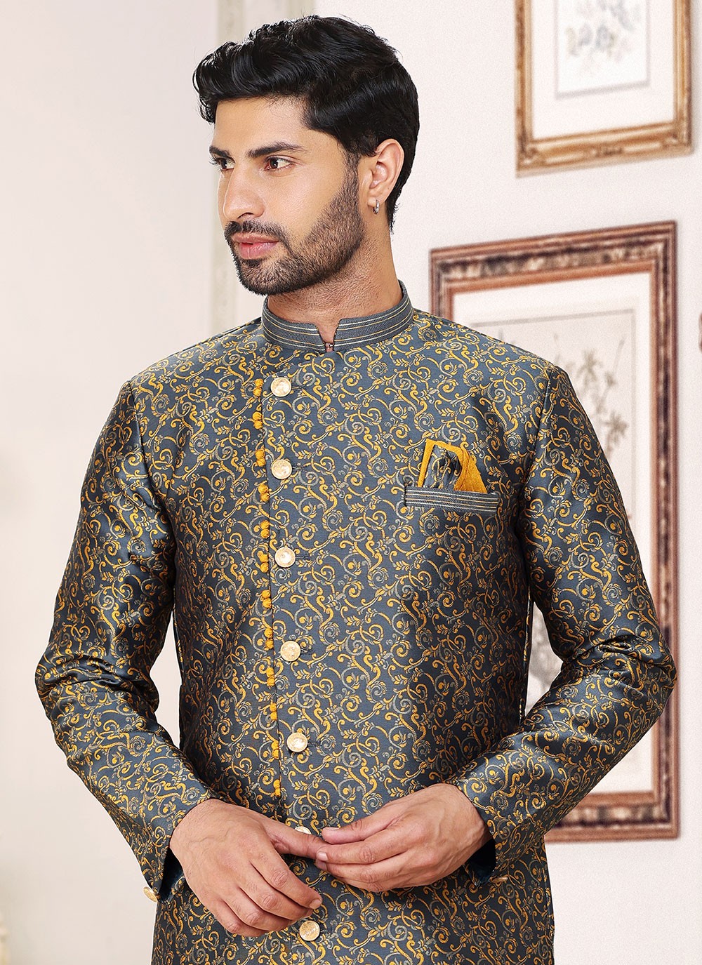 Fancy Work Banarasi Jacquard Grey Indo Western - M5214