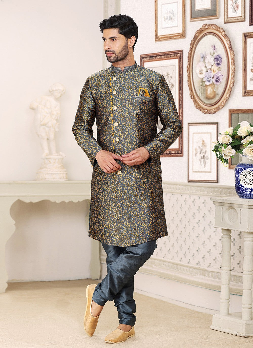 Fancy Work Banarasi Jacquard Grey Indo Western - M5214