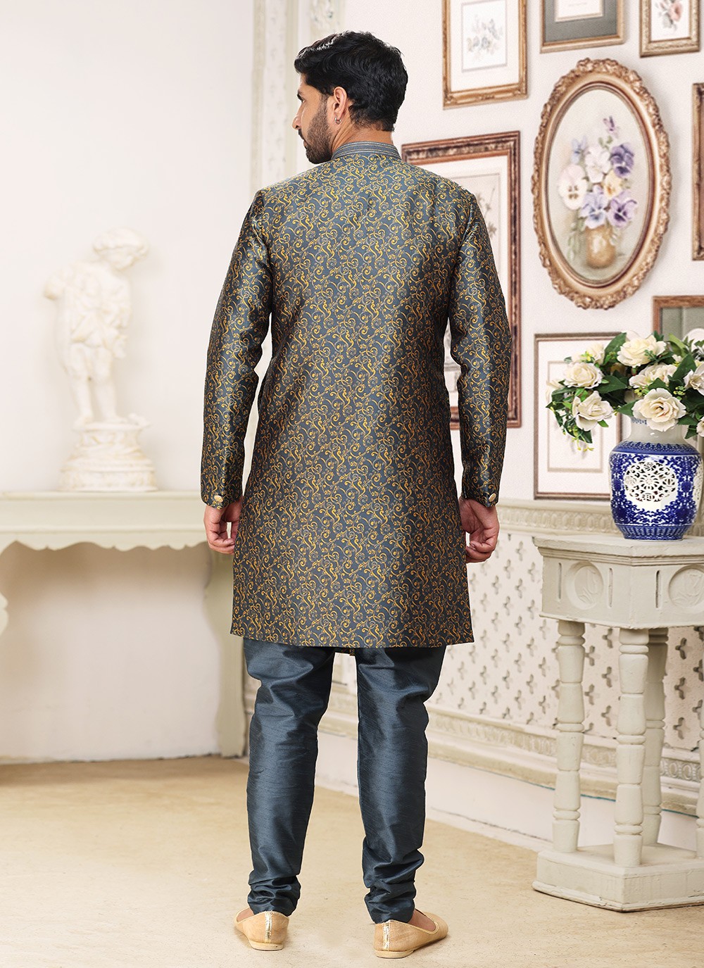 Fancy Work Banarasi Jacquard Grey Indo Western - M5214