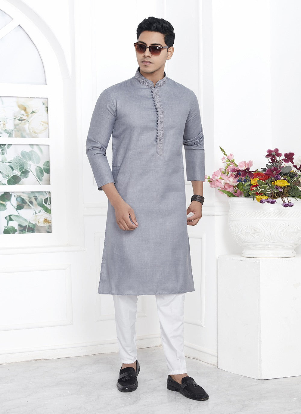 Fancy Work Cotton , Linen Grey Kurta Pyjama - M7112