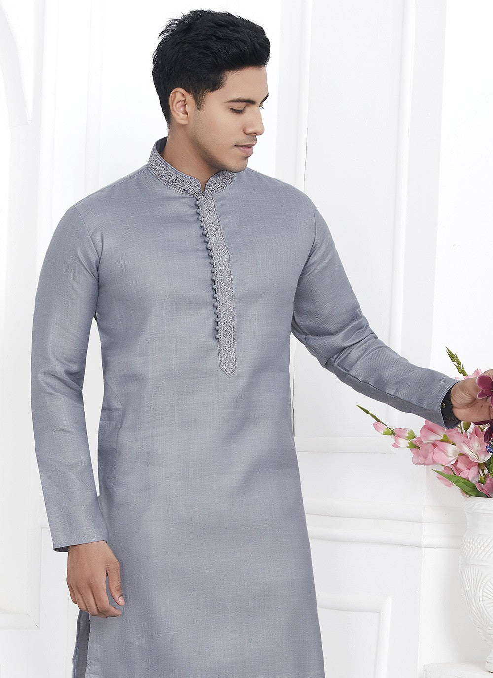 Fancy Work Cotton , Linen Grey Kurta Pyjama - M7112