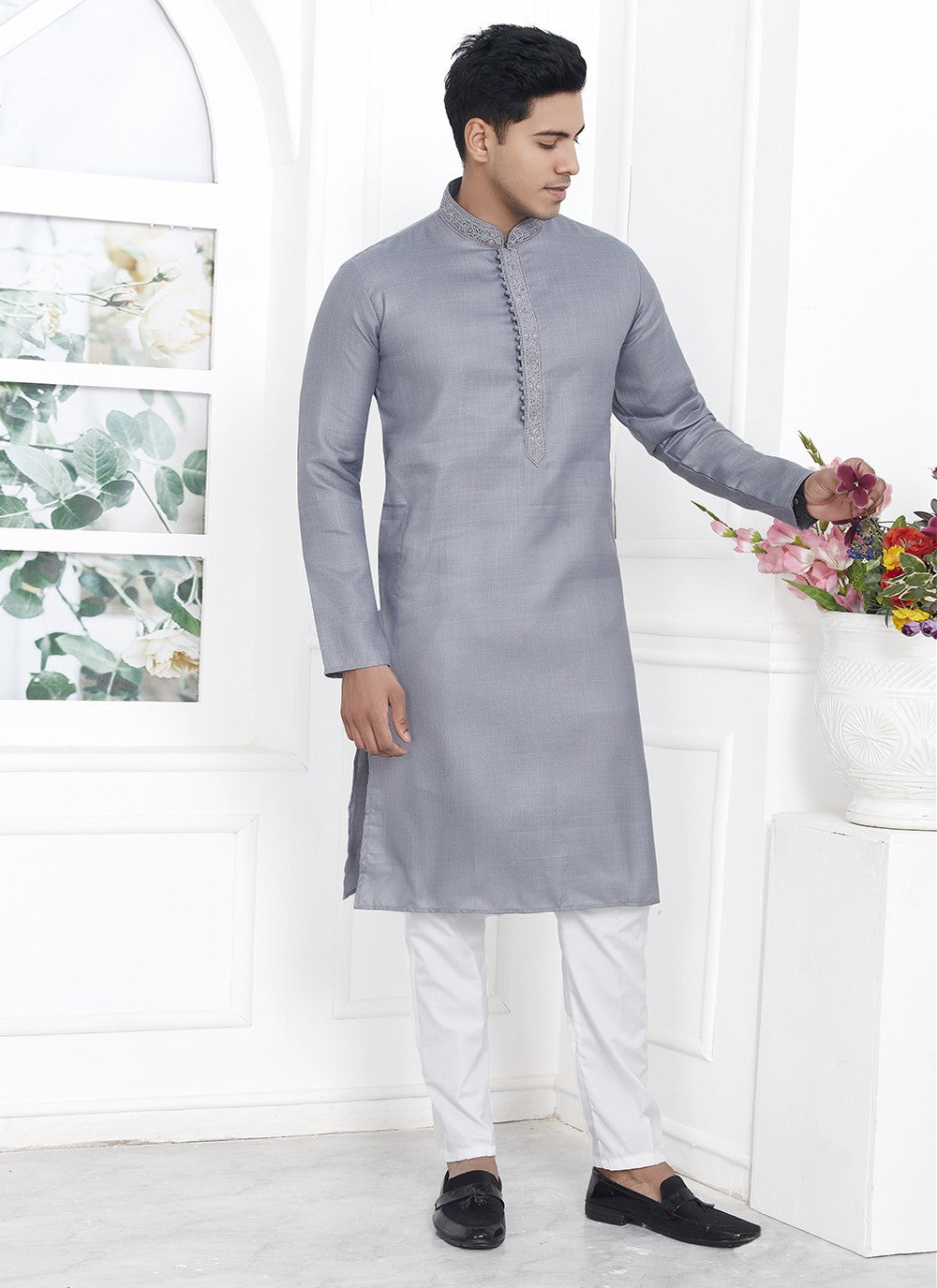 Fancy Work Cotton , Linen Grey Kurta Pyjama - M7112