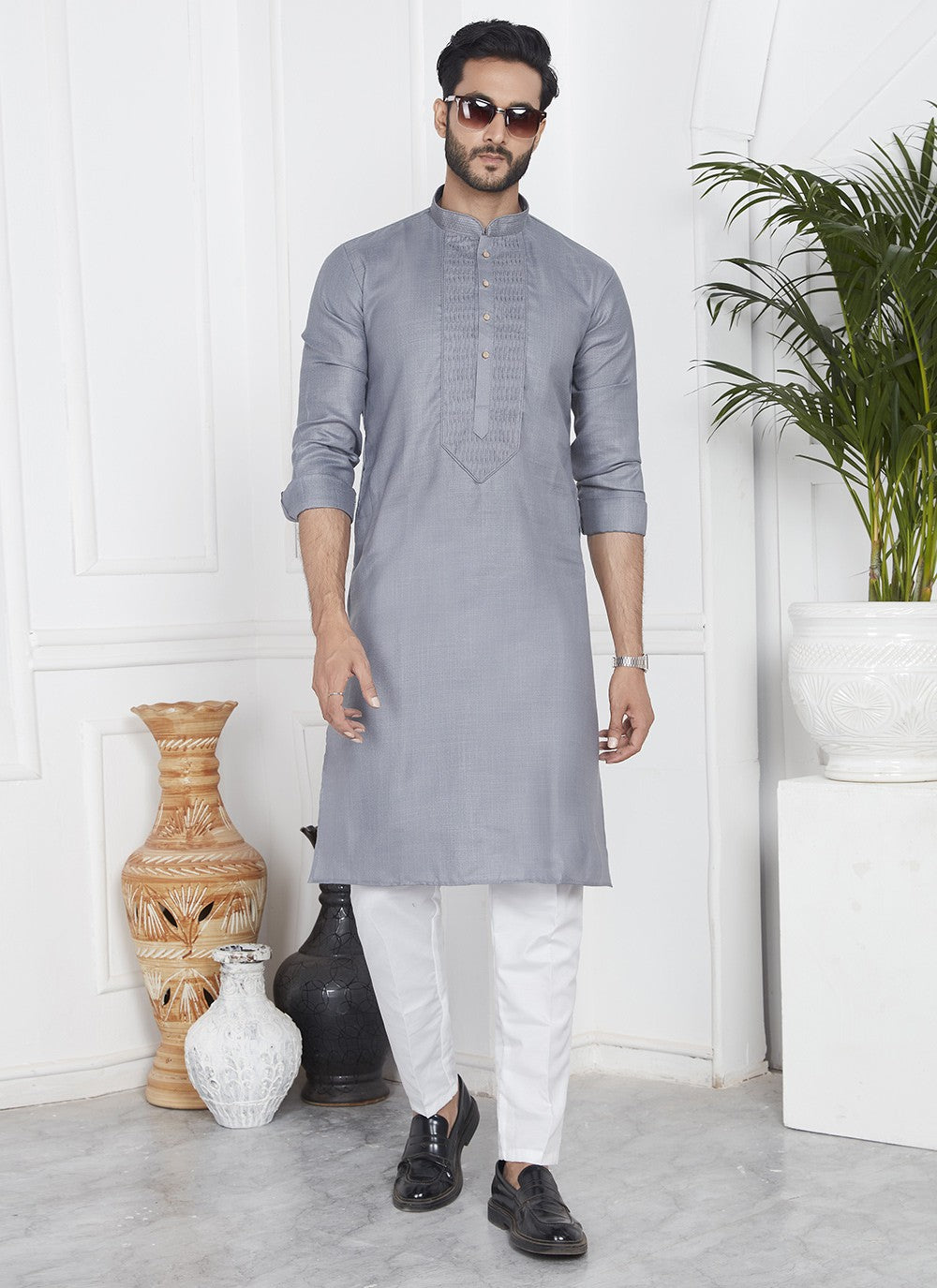 Fancy Work Cotton , Linen Grey Kurta Pyjama - M7092