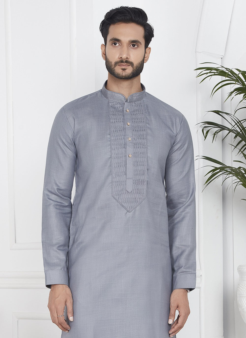 Fancy Work Cotton , Linen Grey Kurta Pyjama - M7092