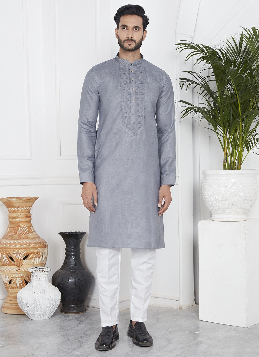 Fancy Work Cotton , Linen Grey Kurta Pyjama - M7092