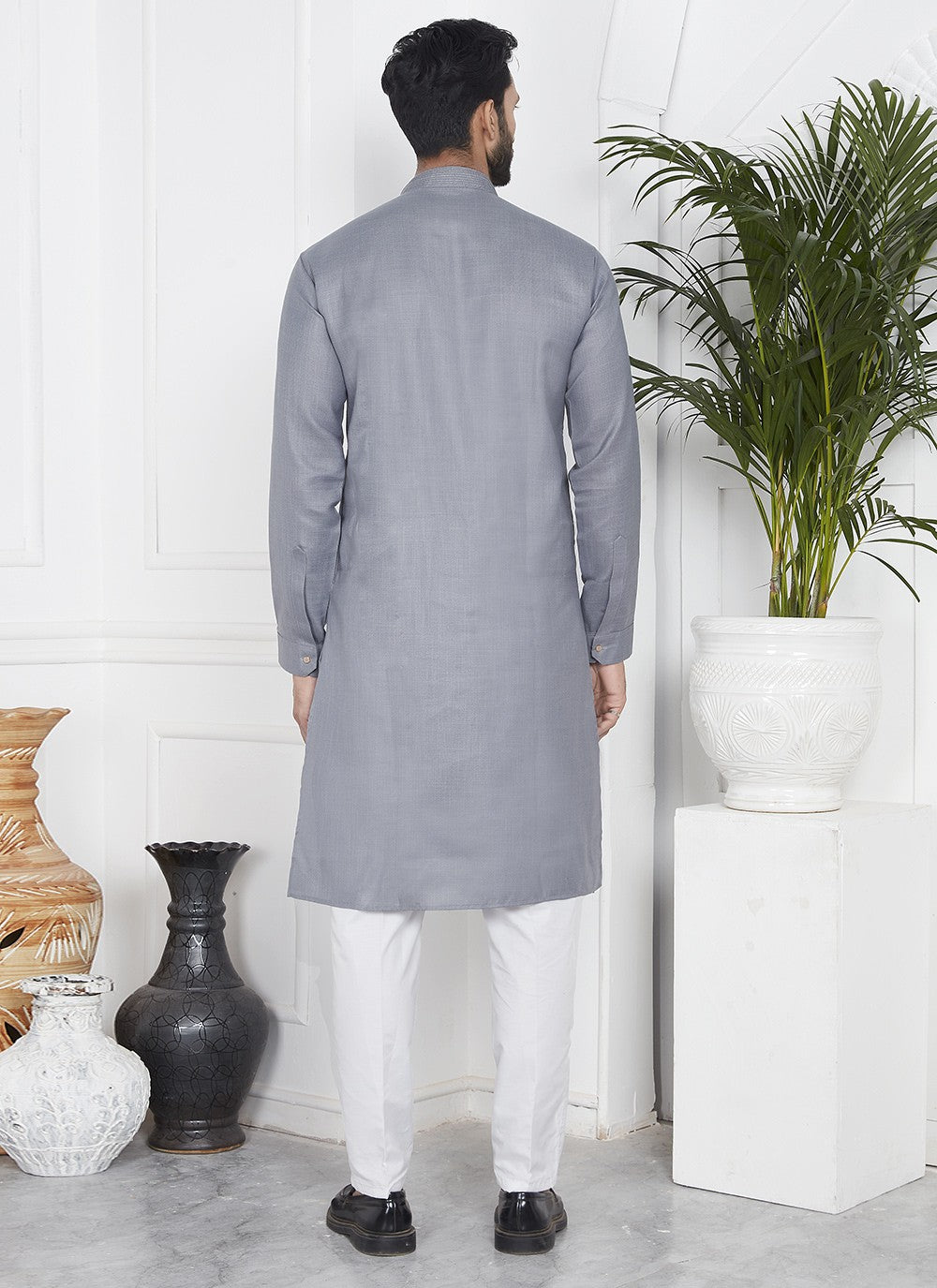 Fancy Work Cotton , Linen Grey Kurta Pyjama - M7092