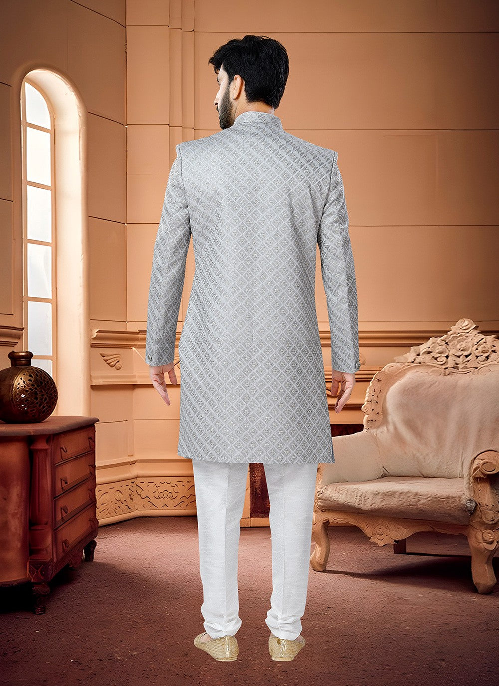 Embroidered Silk Grey Indo Western Sherwani - M4318