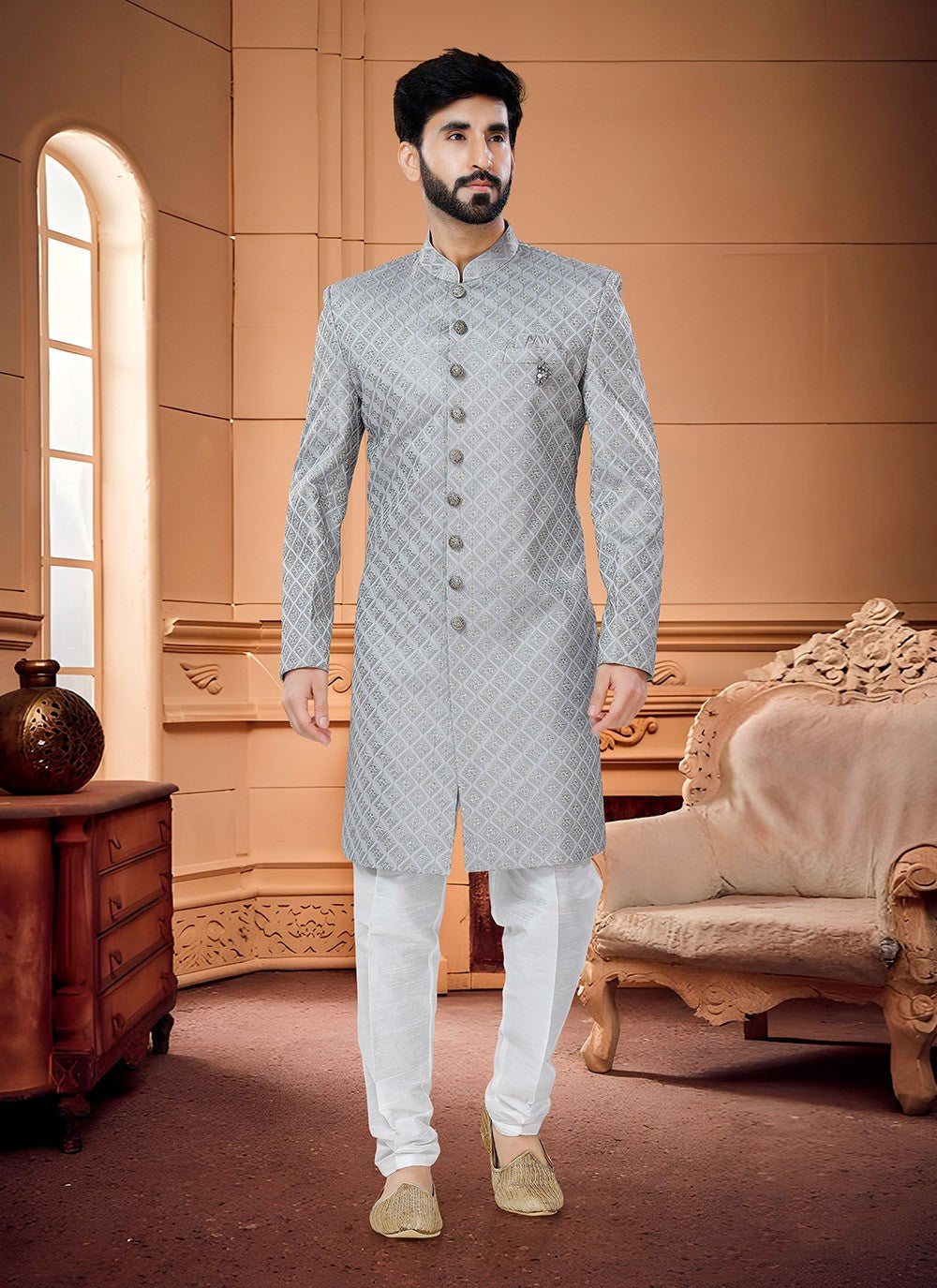 Embroidered Silk Grey Indo Western Sherwani - M4318