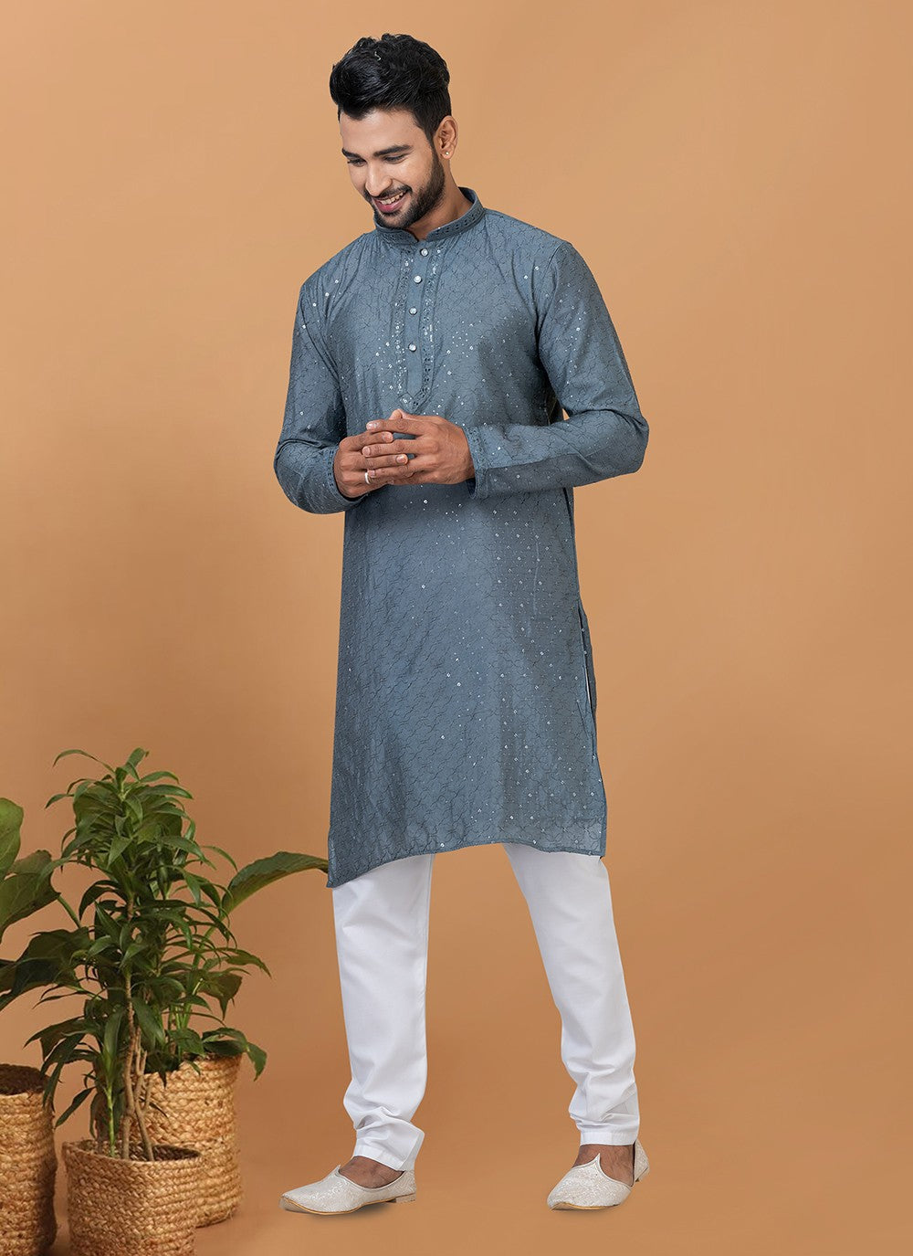 Embroidered Cotton , Viscose Grey Kurta Pyjama - M6354