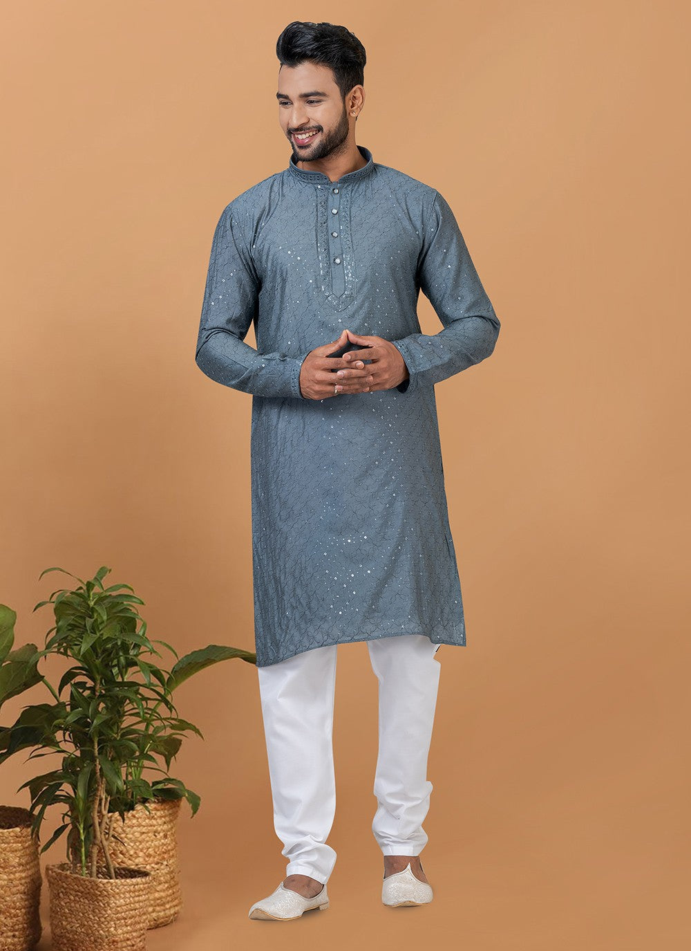 Embroidered Cotton , Viscose Grey Kurta Pyjama - M6354