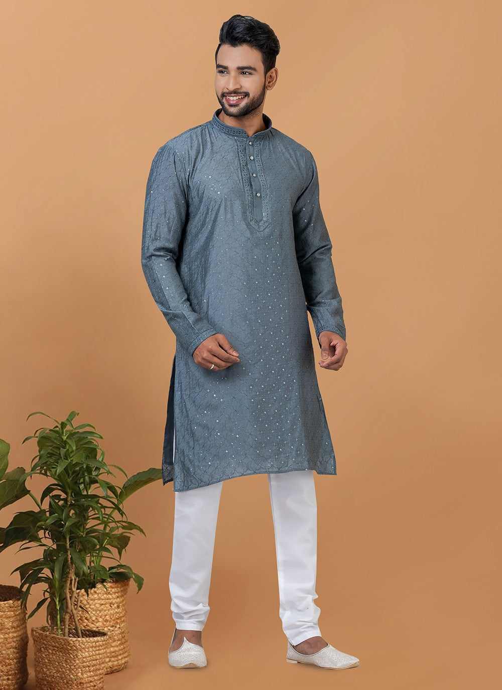 Embroidered Cotton , Viscose Grey Kurta Pyjama - M6354