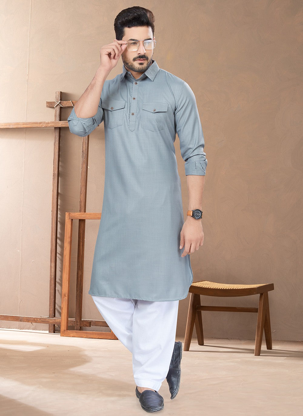 Plain Cotton Grey Kurta Pyjama - M6489