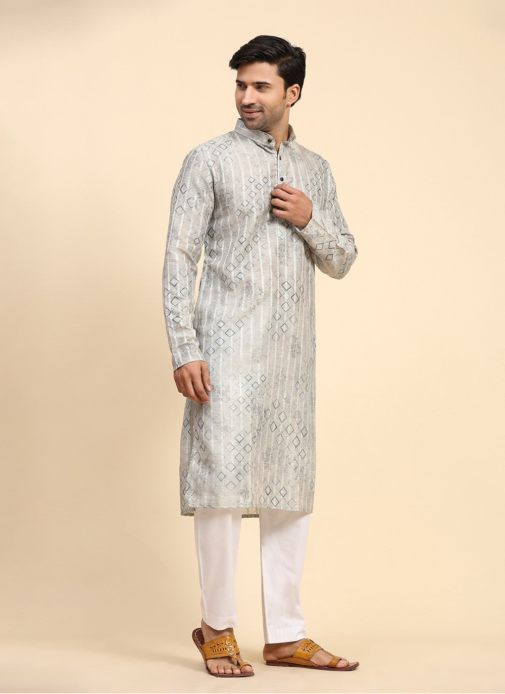 Digital Print Cotton Grey Kurta Pyjama - M8141