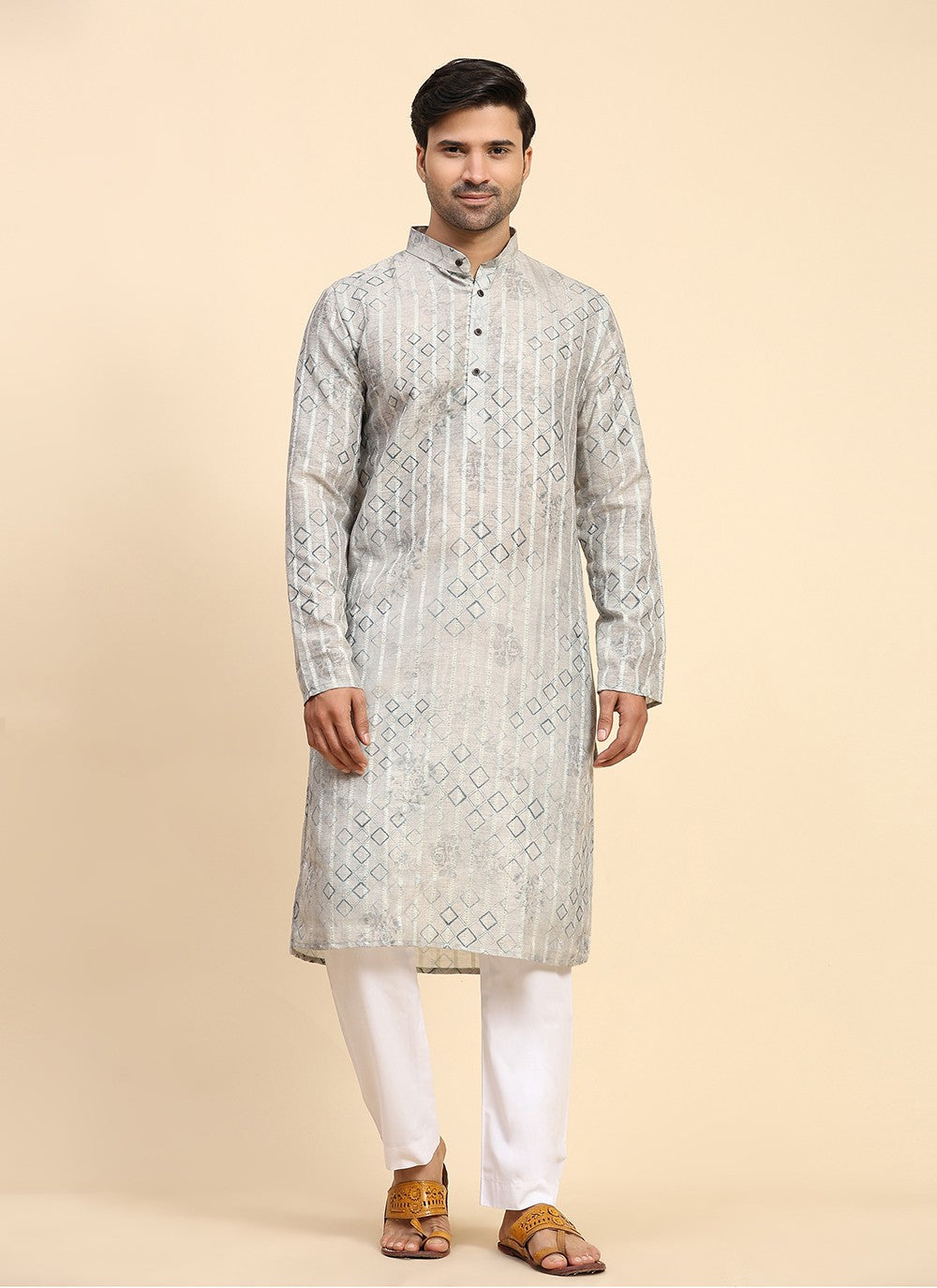 Digital Print Cotton Grey Kurta Pyjama - M8141