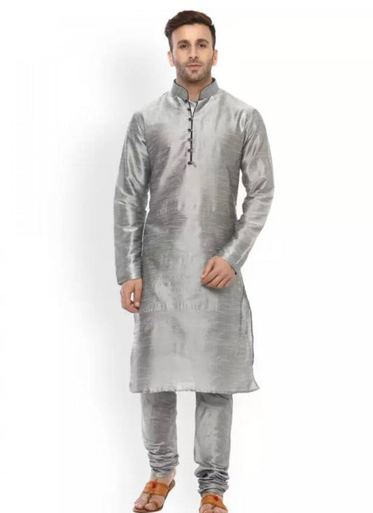 Plain Dupion Silk Grey Kurta Pyjama - M1047