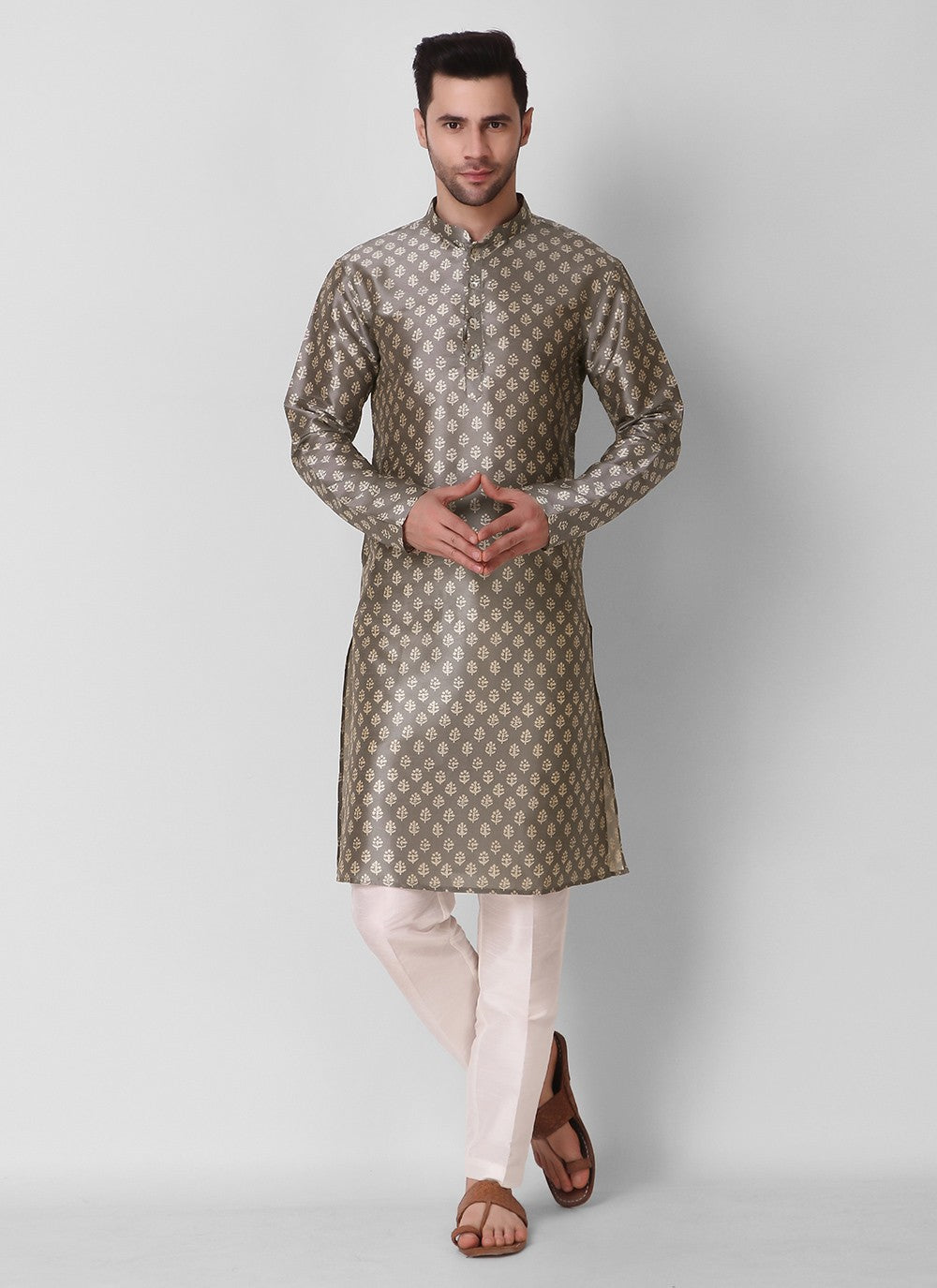 Digital Print Art Silk Grey Kurta Pyjama - M3118