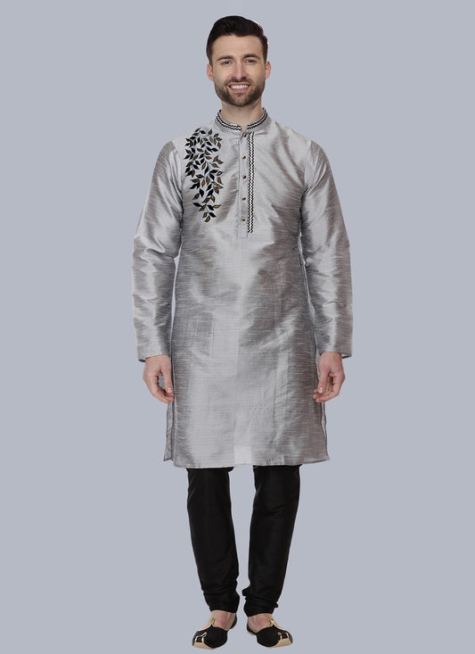 Embroidered Dupion Silk Grey Kurta Pyjama - M6551