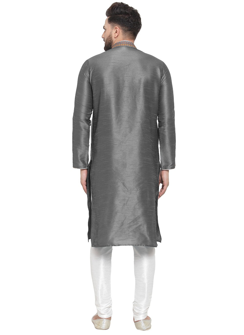 Embroidered Dupion Silk Grey Kurta Pyjama - M7346