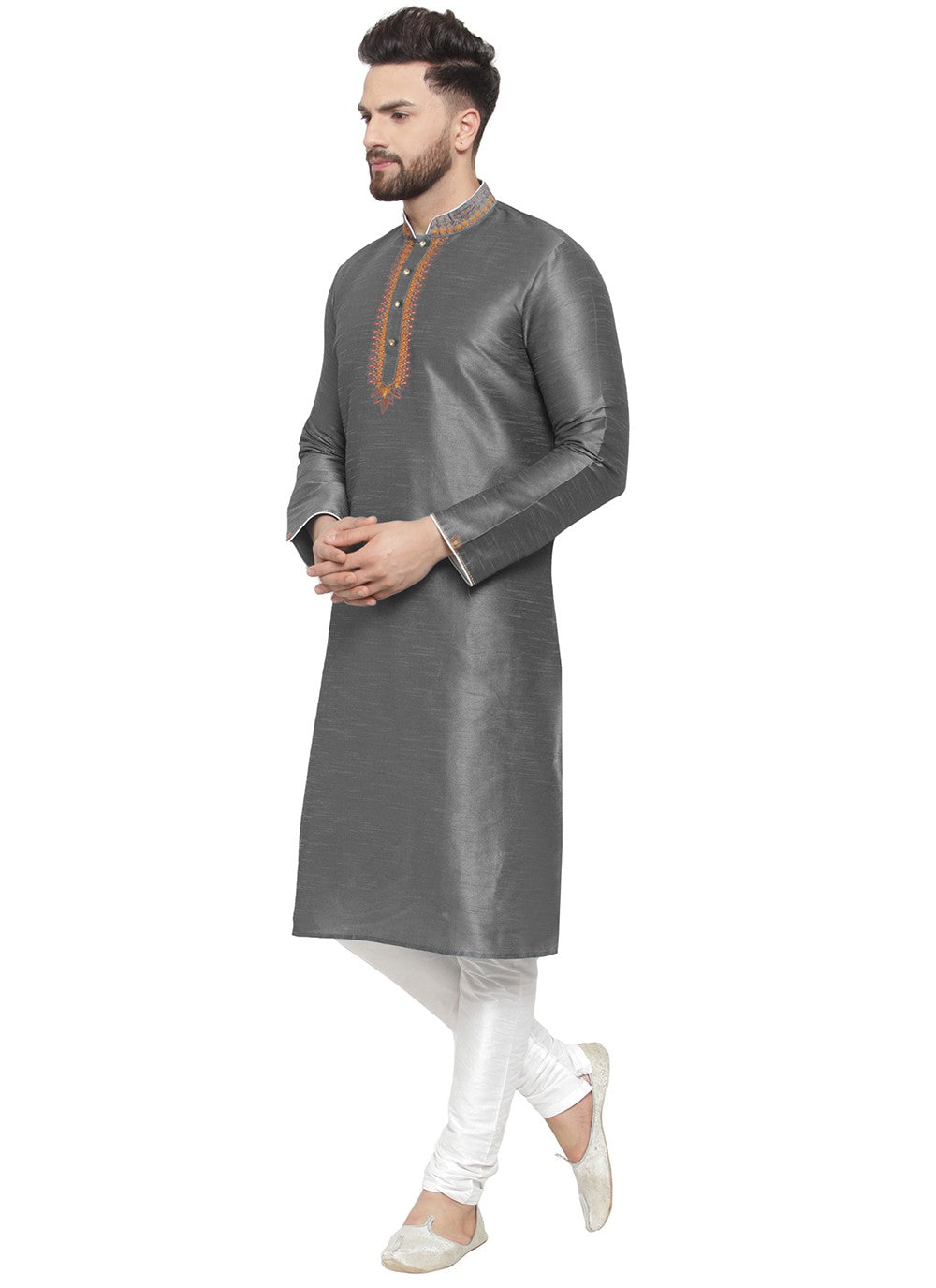 Embroidered Dupion Silk Grey Kurta Pyjama - M7346