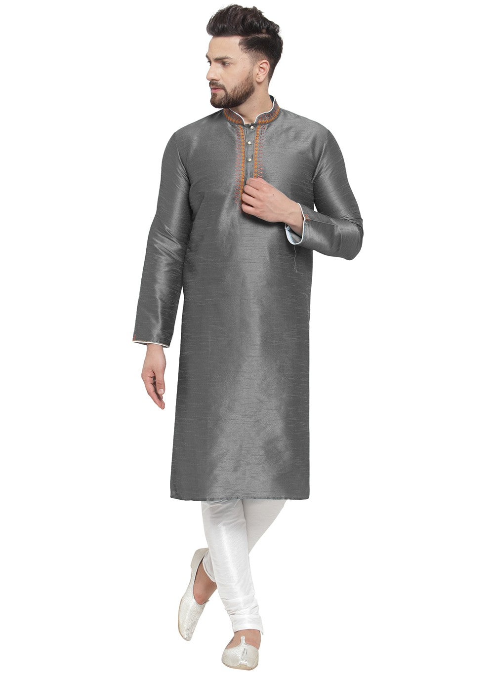 Embroidered Dupion Silk Grey Kurta Pyjama - M7346