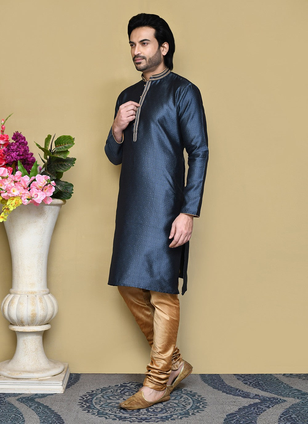 Resham Art Silk Grey Kurta Pyjama - M7831