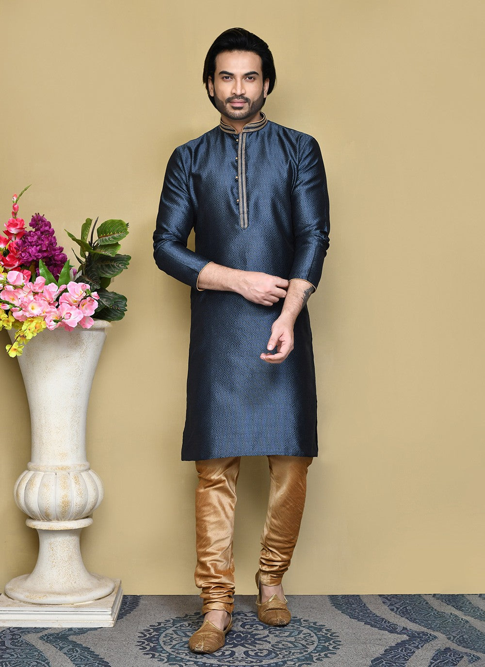 Resham Art Silk Grey Kurta Pyjama - M7831