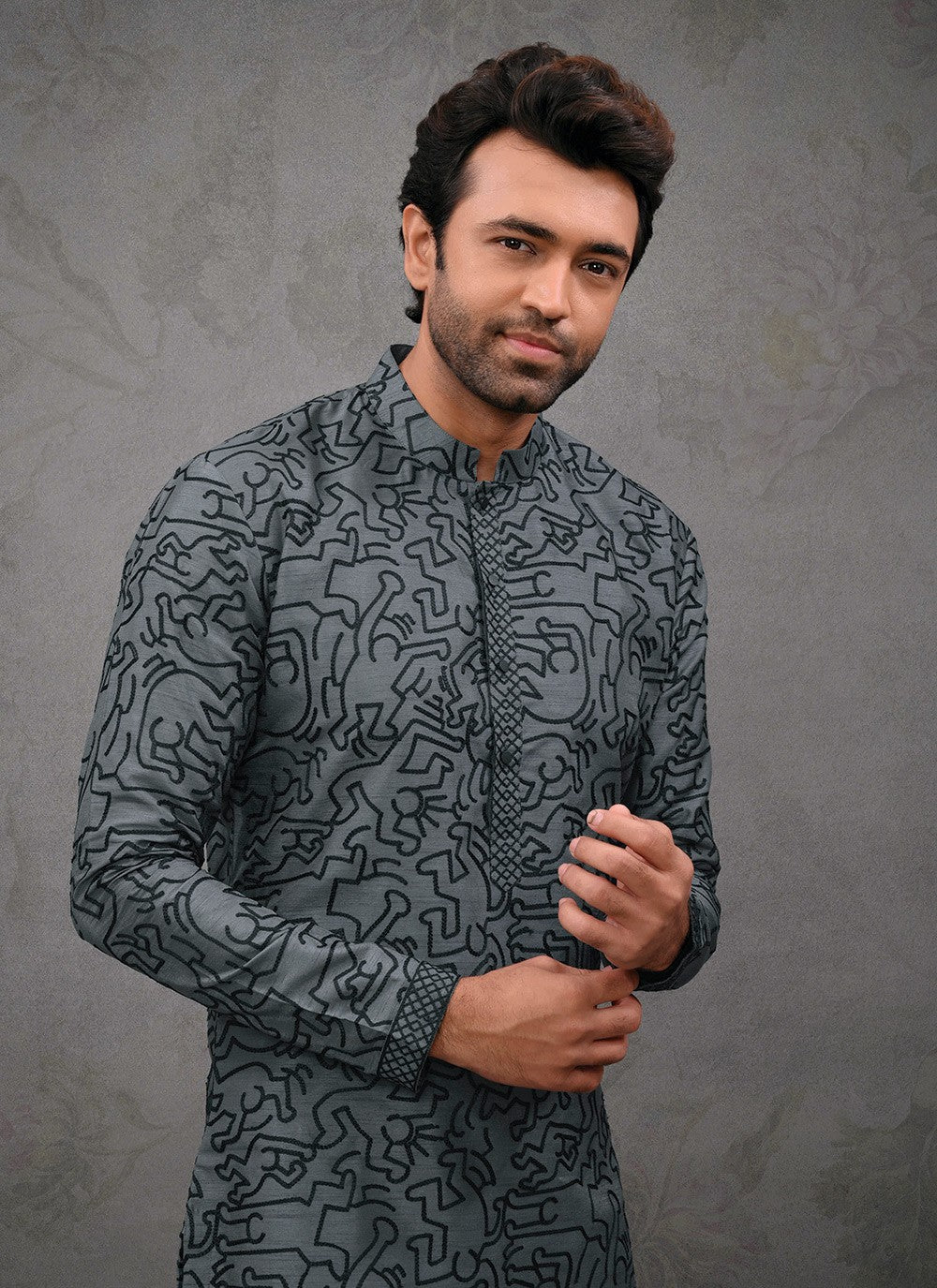 Embroidered Silk Grey Kurta Pyjama - M8387