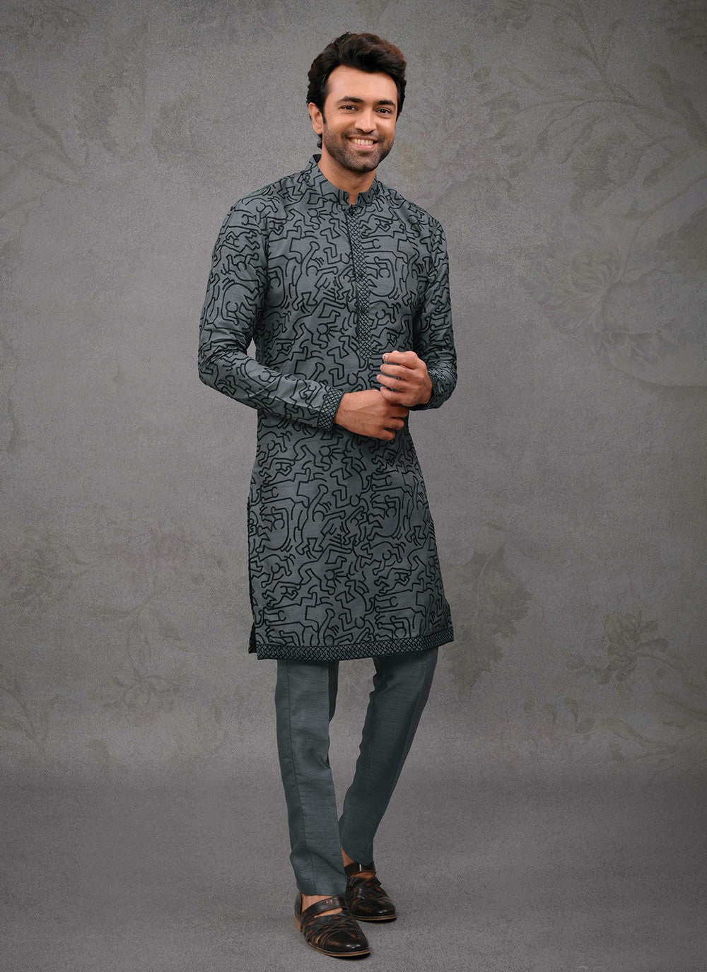 Embroidered Silk Grey Kurta Pyjama - M8387