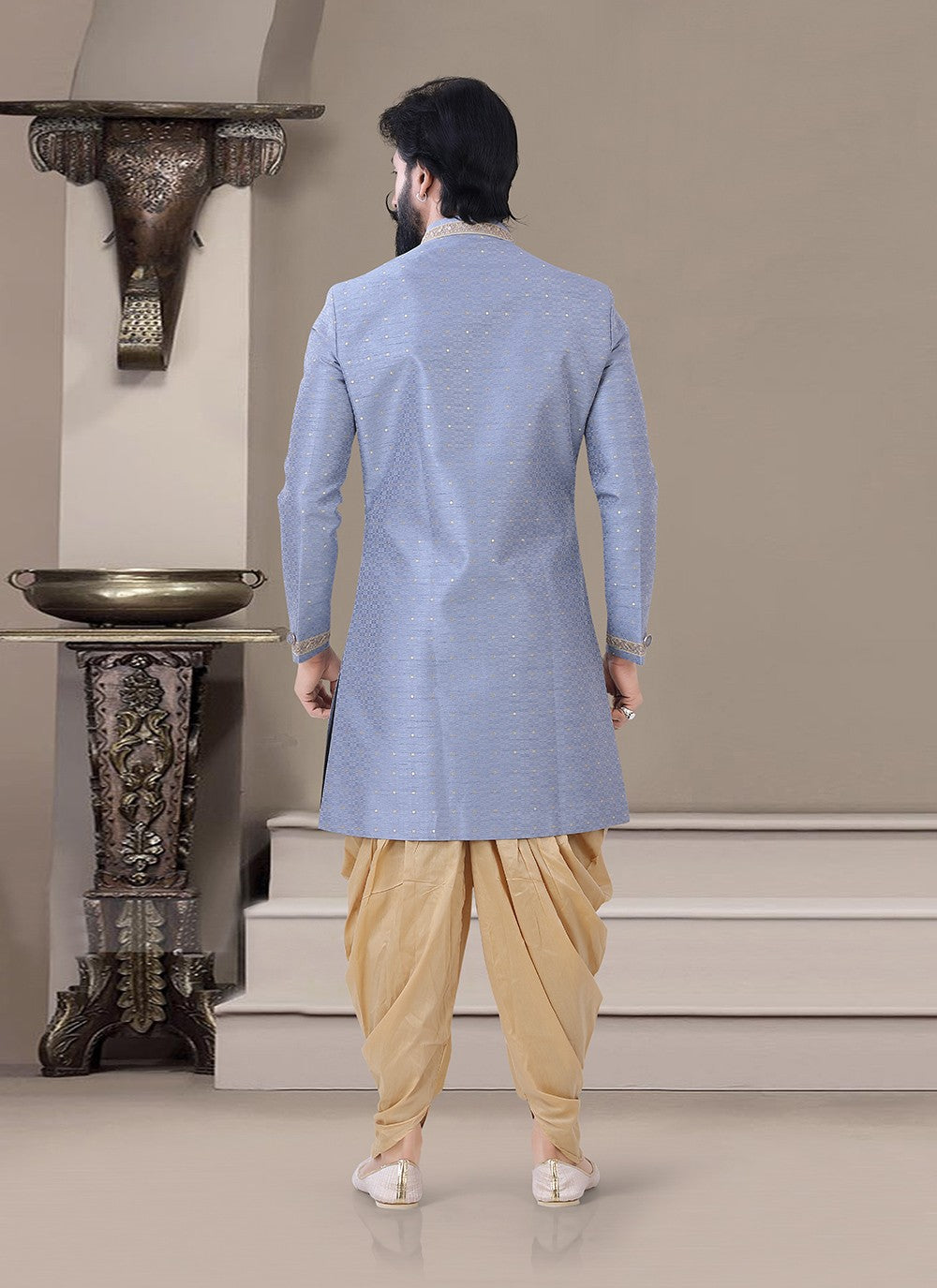 Embroidered Jacquard Grey Indo Western Sherwani - M3453