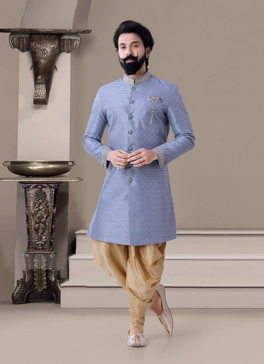 Embroidered Jacquard Grey Indo Western Sherwani - M3453