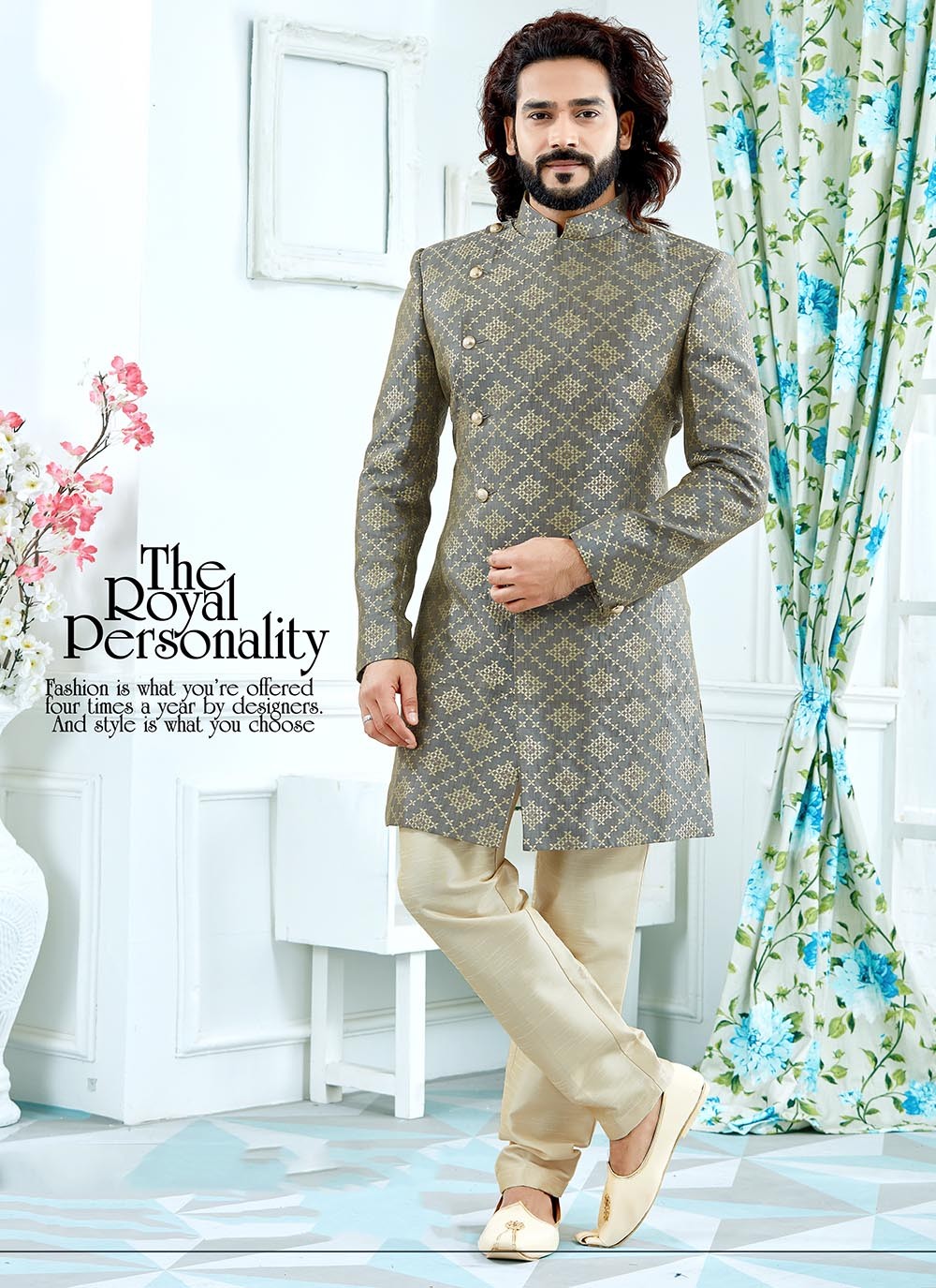 Jacquard Work Jacquard Grey Indo Western - M2115