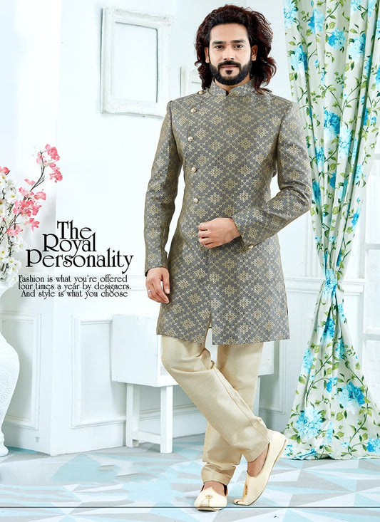 Jacquard Work Jacquard Grey Indo Western - M2115