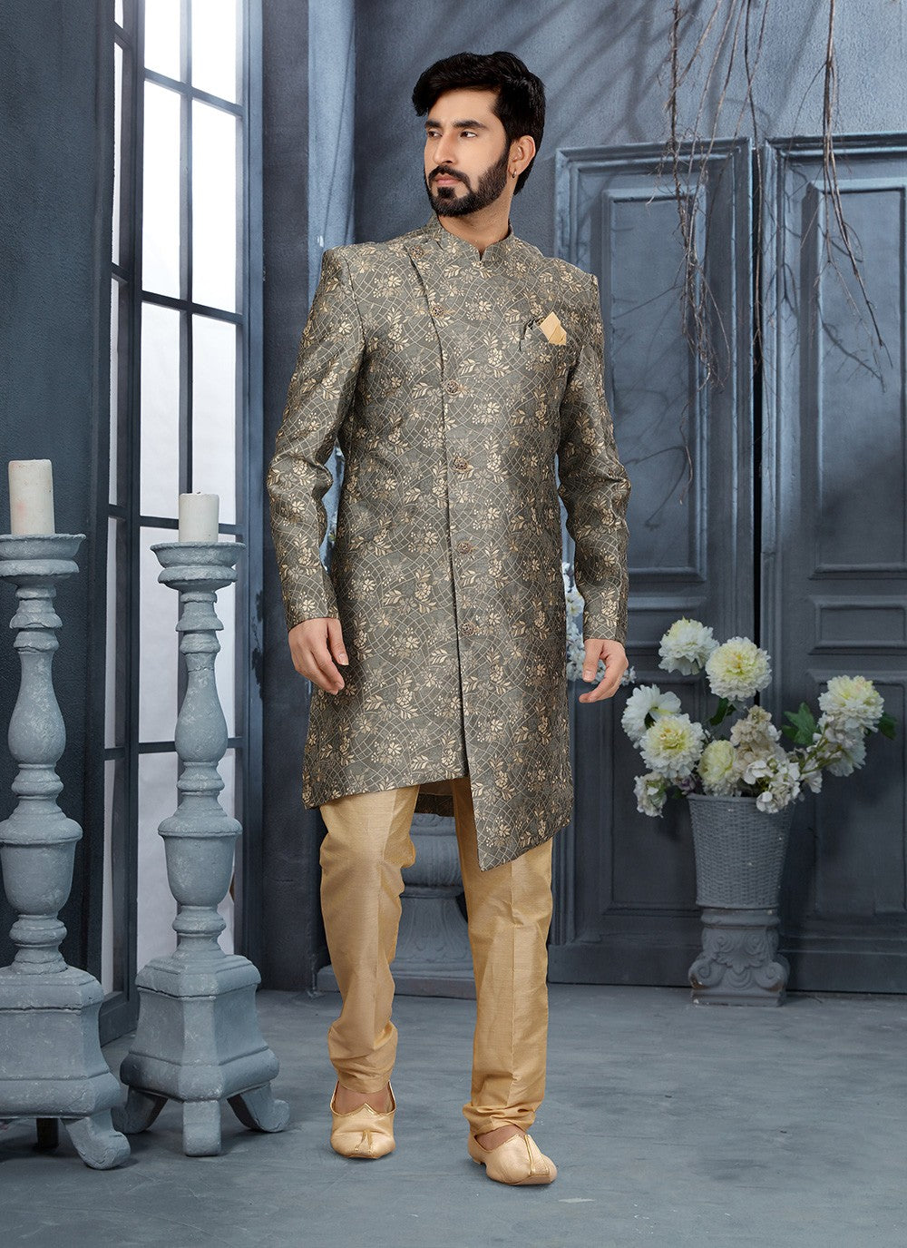 Digital Print Jacquard Grey Indo Western Sherwani - M2891